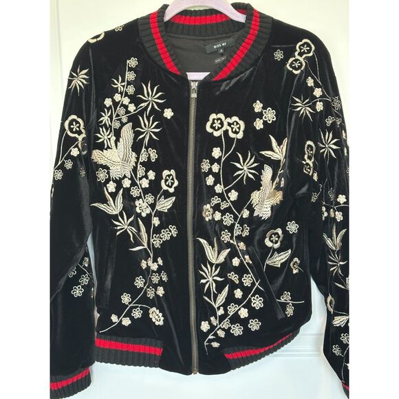 Miss Me Velour Embroidered Bomber Jacket Black with red trim Size Small - Picture 10 of 11